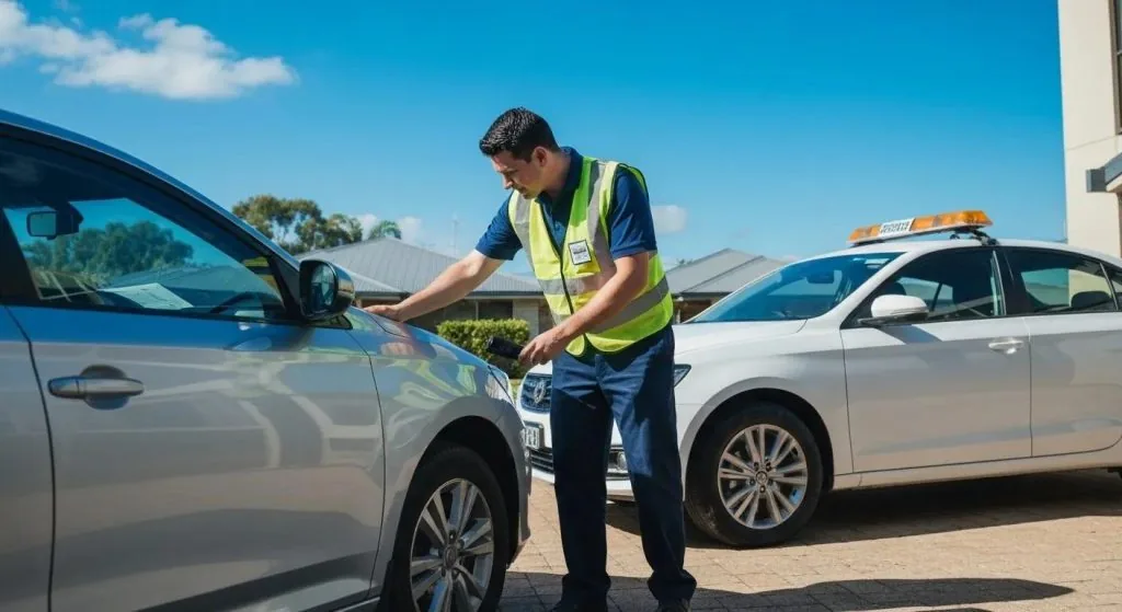 Inspector examining compliance plate during identity verification