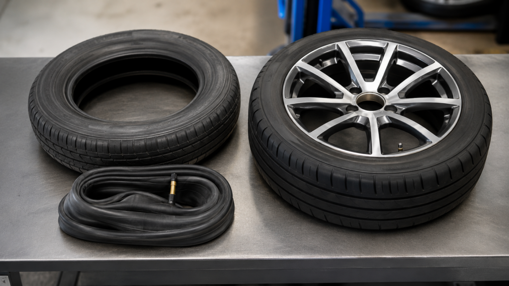 Tube-type tyre with an inner tube next to a tubeless tyre on a rim, showing the difference