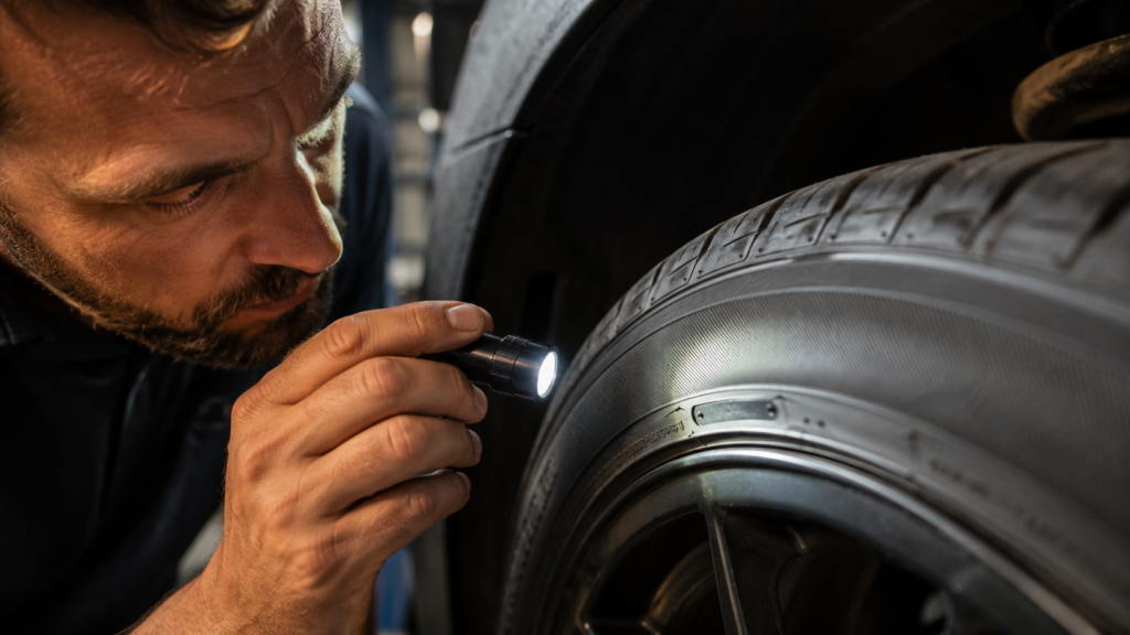 Mechanic inspecting a car tyre sidewall and date code to check whether it is genuine or fake