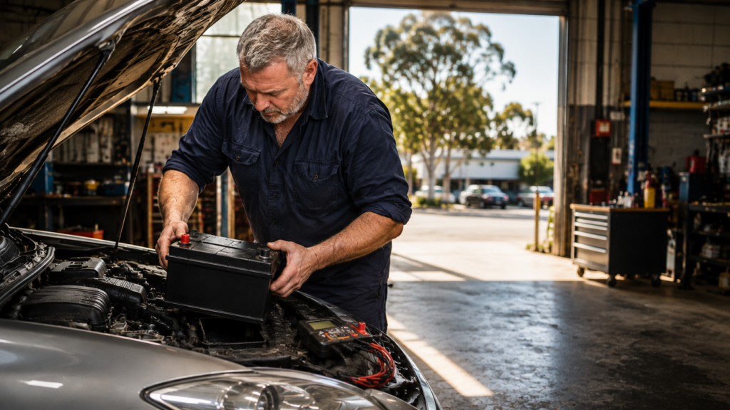 Car battery replacement being carried out at Hot Tyres Riverwood