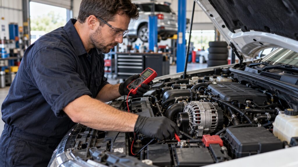 Technician testing an alternator and vehicle charging system in a workshop
