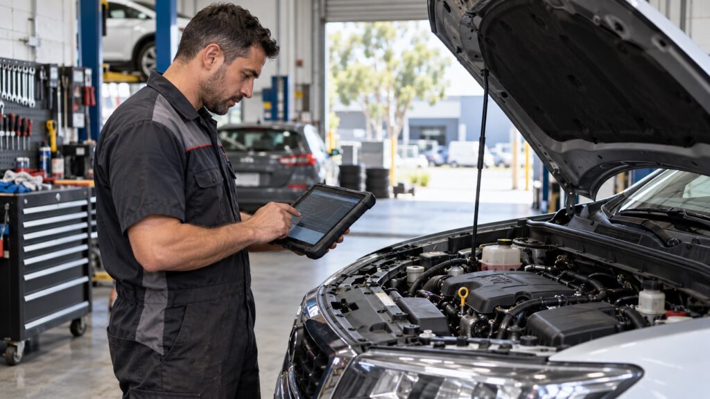 Technician using diagnostic equipment beside an open engine bay